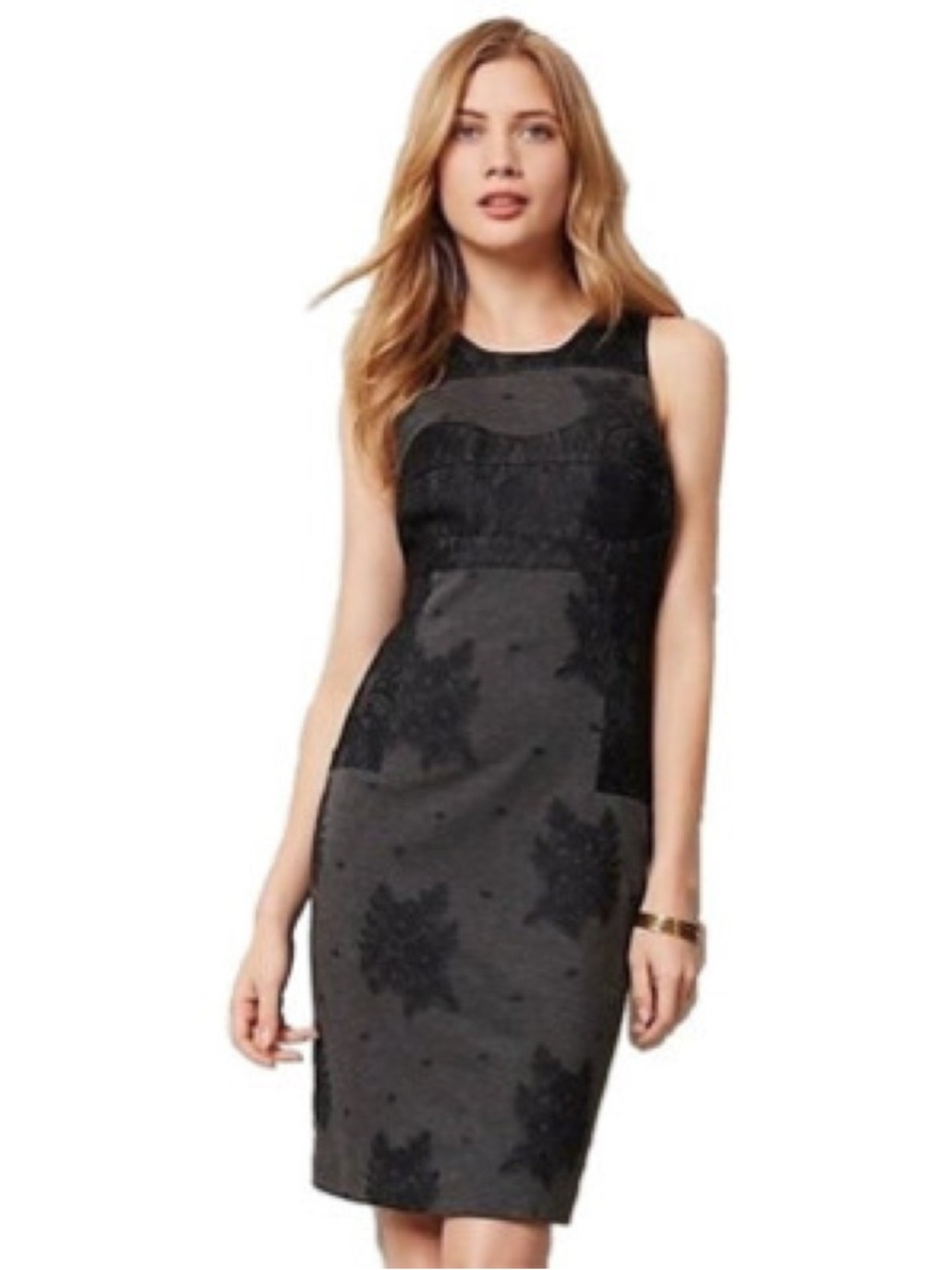 Anthropologie Maeve Dress Women’s SP Charcoal Grey Black Lace Appliqué Sheath